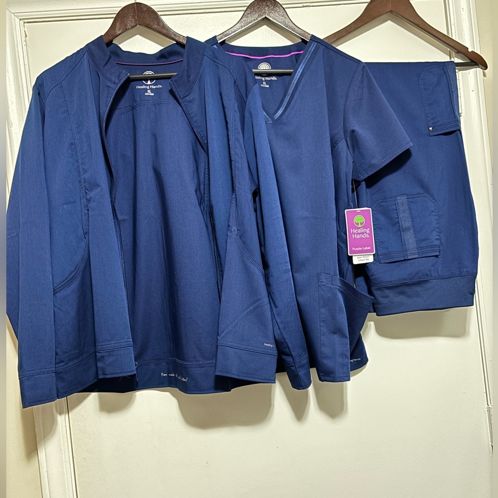 🌳Healing Hands Purple Label Scrub Set Bundle Women XL Navy Yoga Jasmin & Jacket